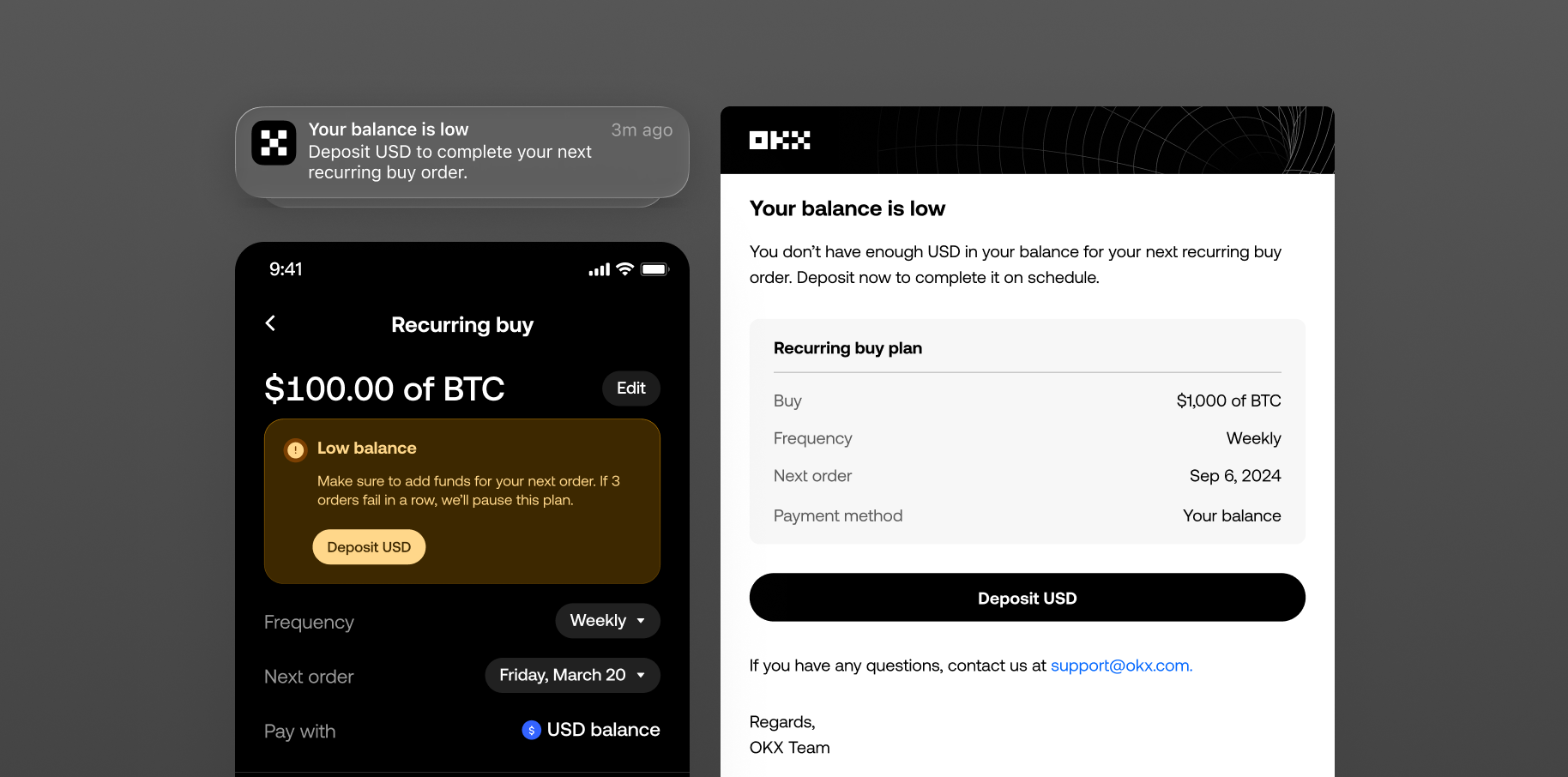 A low-balance push notification, the in-app warning on the plan with a deposit action, and the follow-up email with the plan details and a deposit button