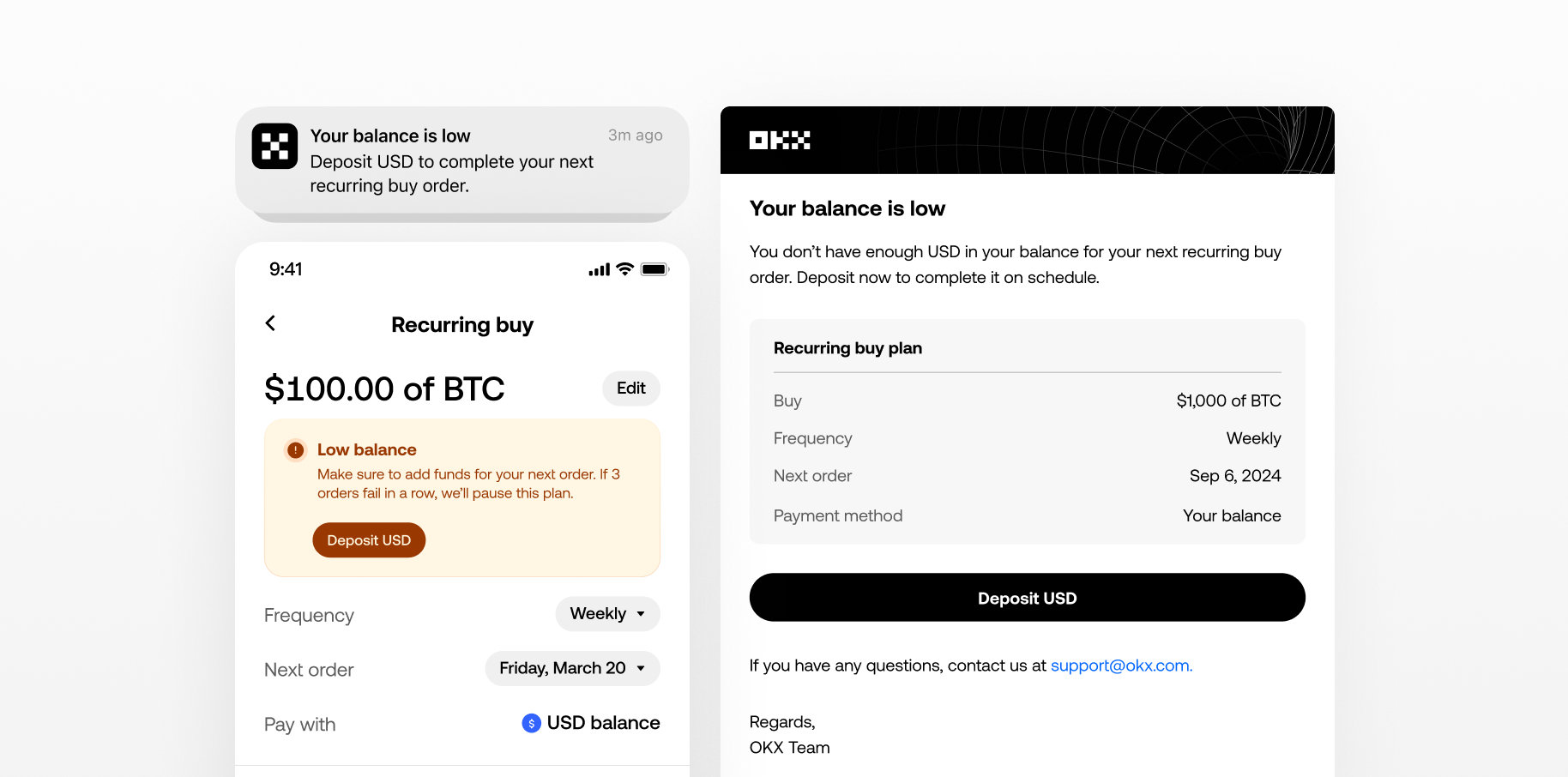 A low-balance push notification, the in-app warning on the plan with a deposit action, and the follow-up email with the plan details and a deposit button