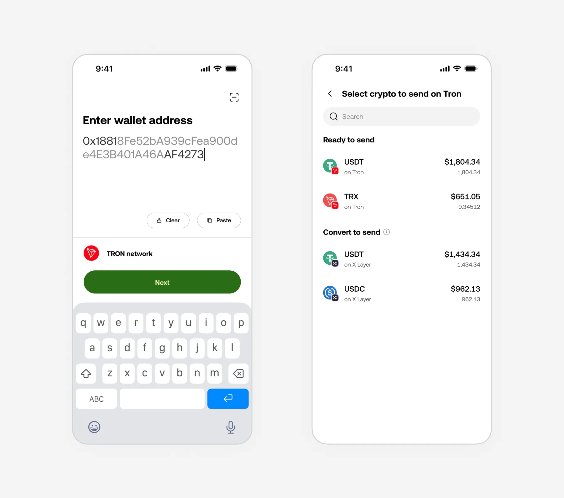 Enter wallet address screen with TRON network detected, and Select crypto to send on Tron showing USDT and TRX ready to send, plus USDT and USDC on X Layer under Convert to send