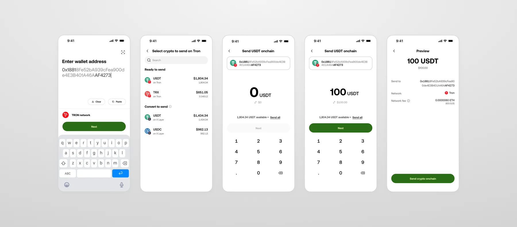 Enter wallet address, Select crypto to send on Tron with USDT and TRX ready to send, Send USDT onchain at 0, Send USDT onchain at 100, and the final Preview screen with network and network fee