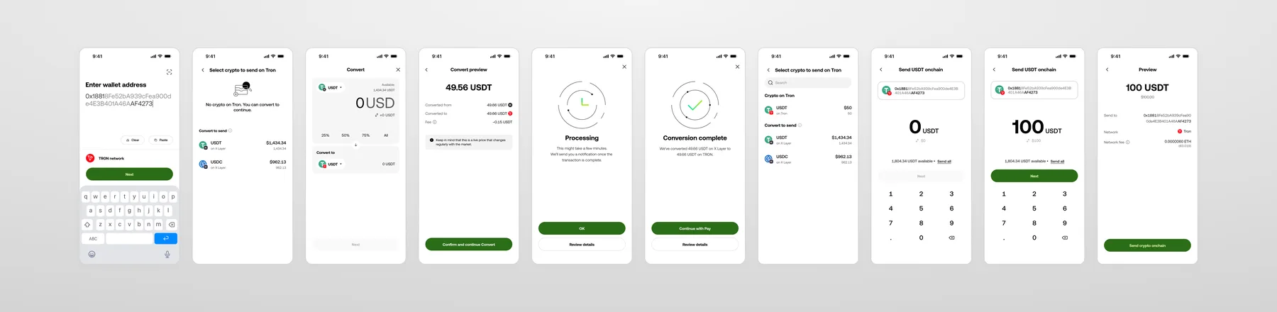Enter wallet address, Select crypto to send with no compatible balance, Convert screen, Convert preview, Processing, Conversion complete, Select crypto to send again now with balance, Send USDT onchain at 0, Send USDT onchain at 100, and the final Preview screen