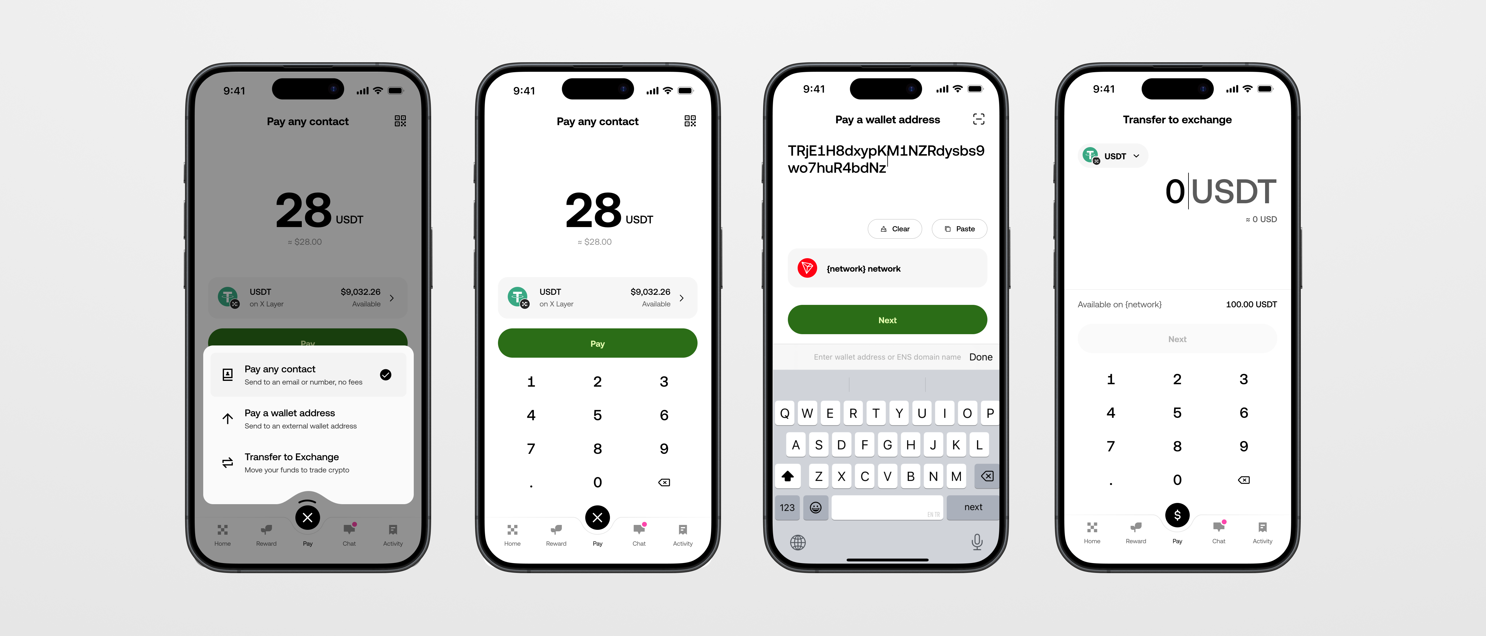 Existing double-tap Pay menu showing Pay any contact, Pay a wallet address, and Transfer to Exchange options, followed by the contact keypad, wallet-address entry, and exchange-transfer amount screens