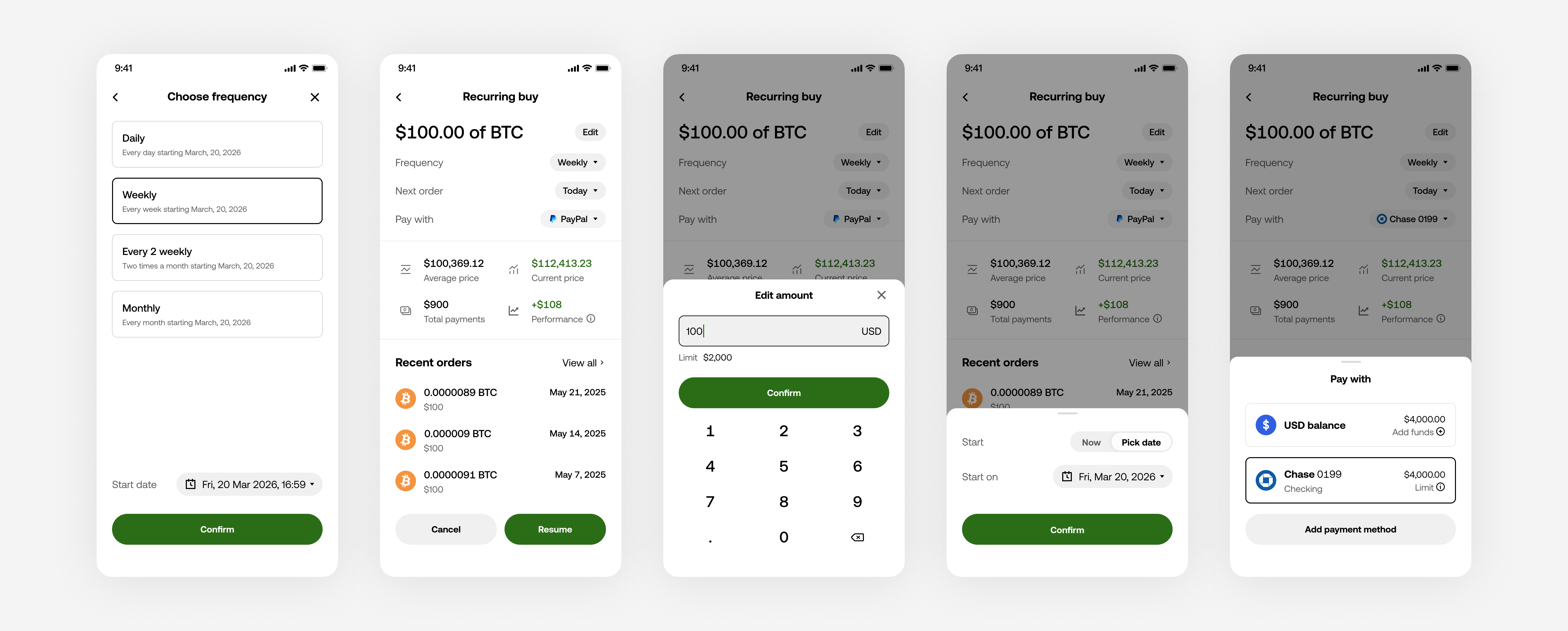Plan detail page and its editing controls — choosing a frequency with a start date, the plan at rest with recent orders, editing the amount, choosing when the plan starts, and choosing a payment method