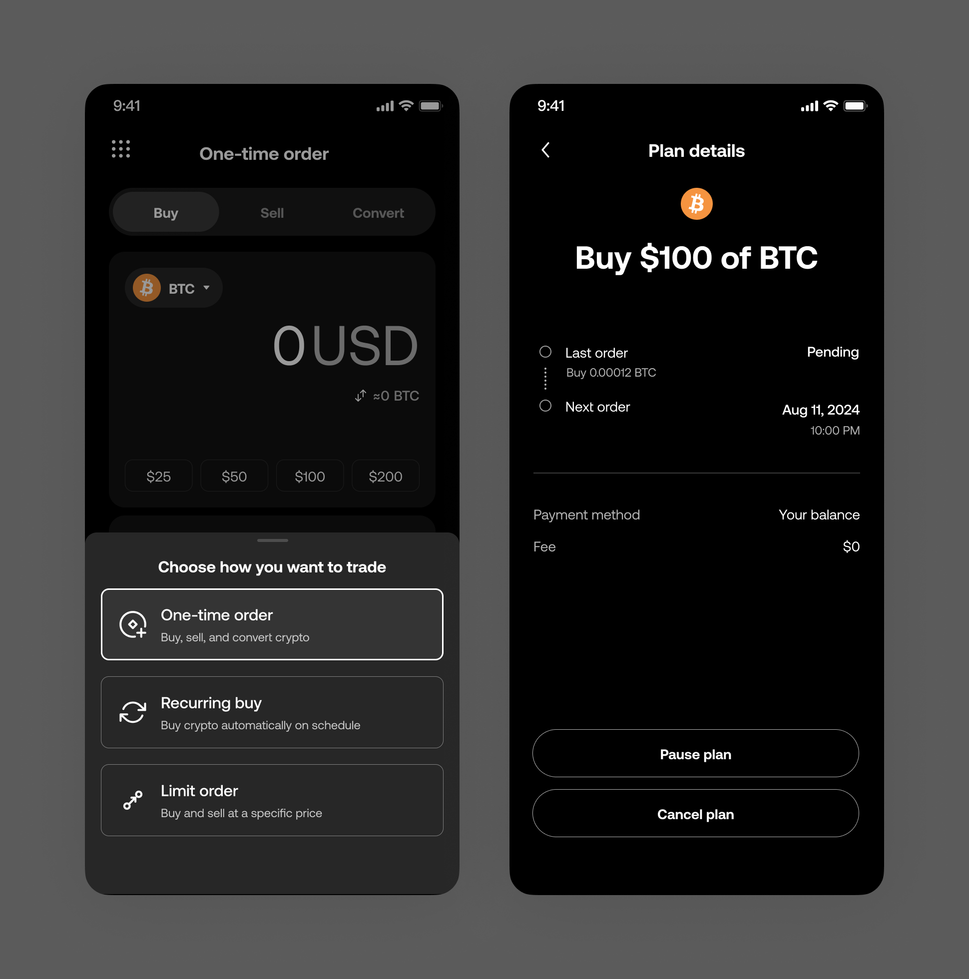 V1 setup flow — choosing one-time order, recurring buy, or limit order, then a plan details screen showing the next order date, payment method, and pause and cancel controls