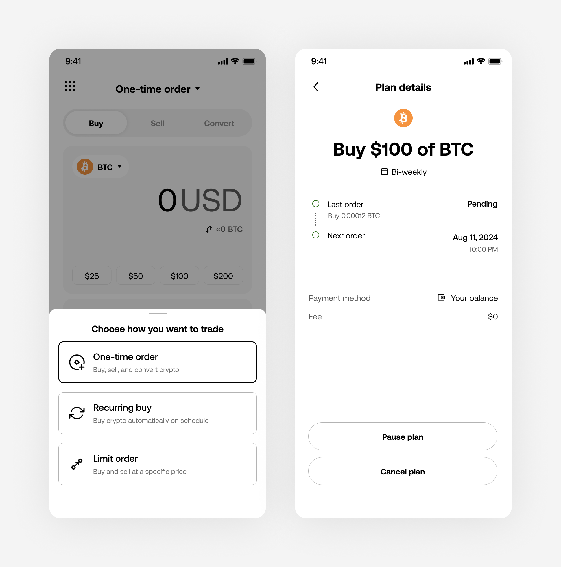 V1 setup flow — choosing one-time order, recurring buy, or limit order, then a plan details screen showing the next order date, payment method, and pause and cancel controls