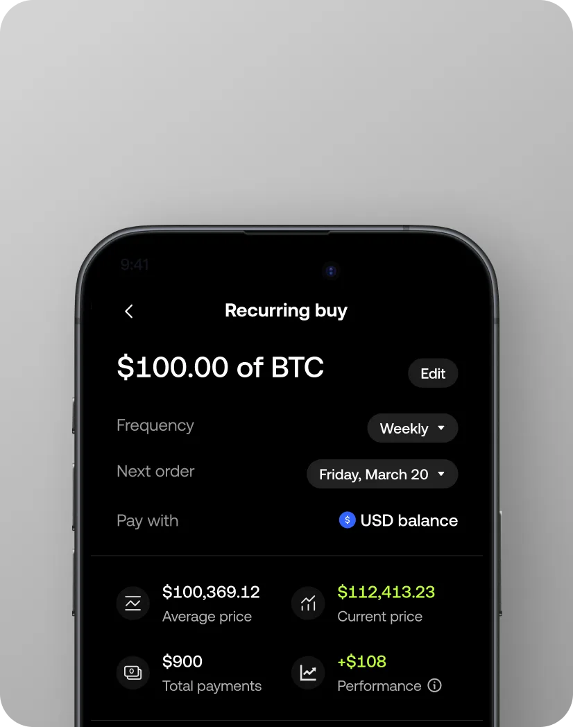 Recurring buy plan detail — amount, frequency, next order, payment method, and performance