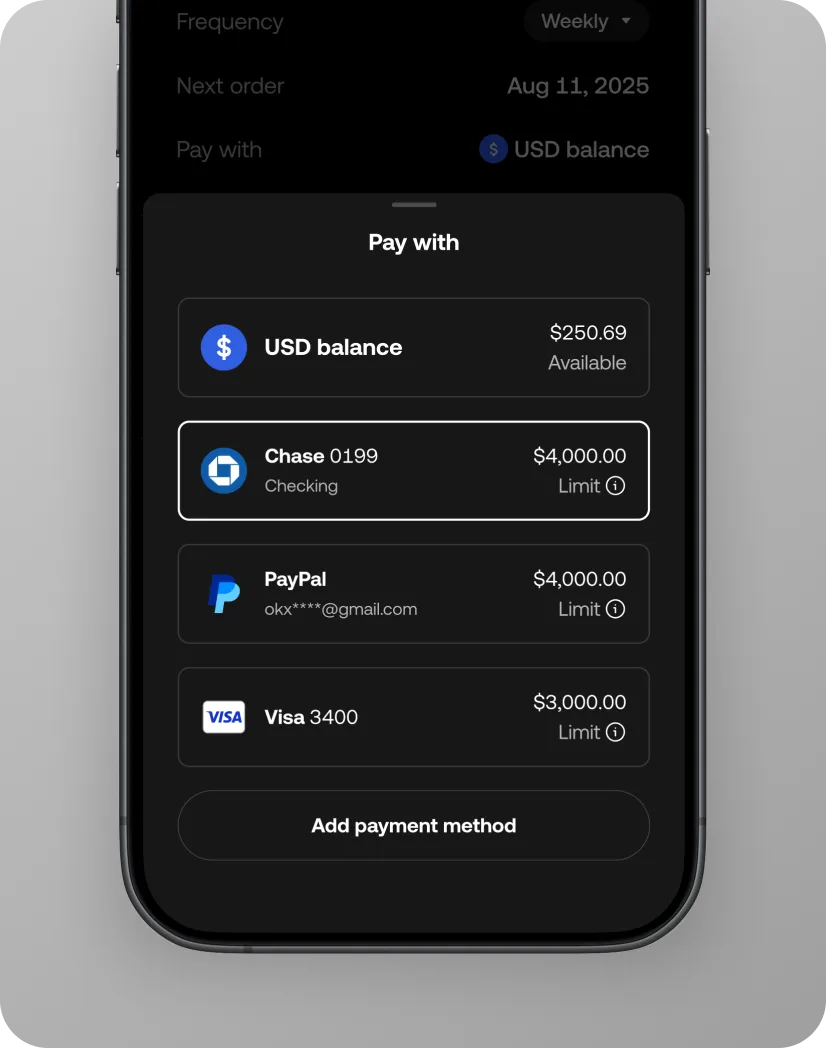 Payment method picker — USD balance, Chase checking, PayPal, and Visa