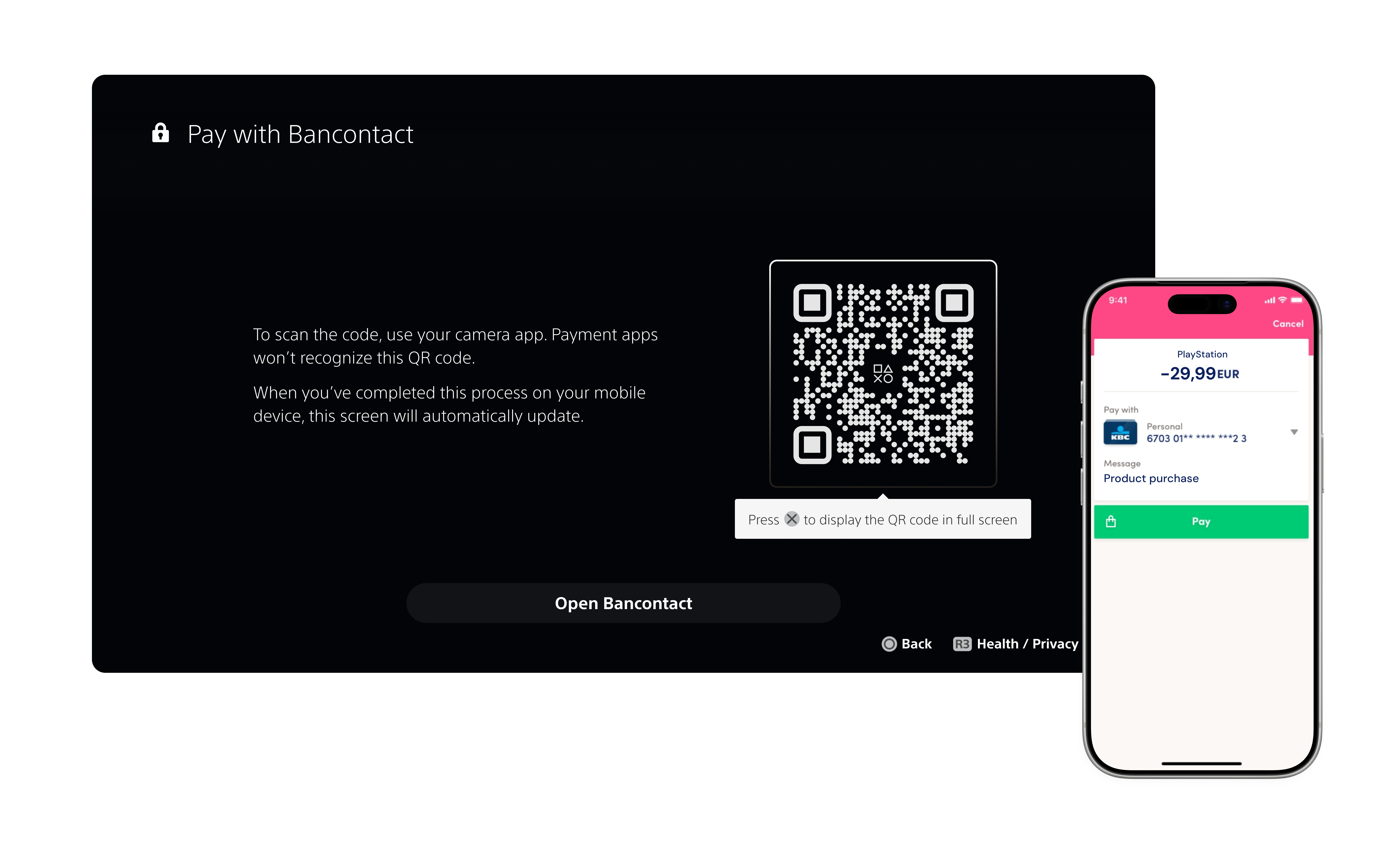 PlayStation 5 Pay with Bancontact QR screen next to a mobile banking app showing the PlayStation payment confirmation
