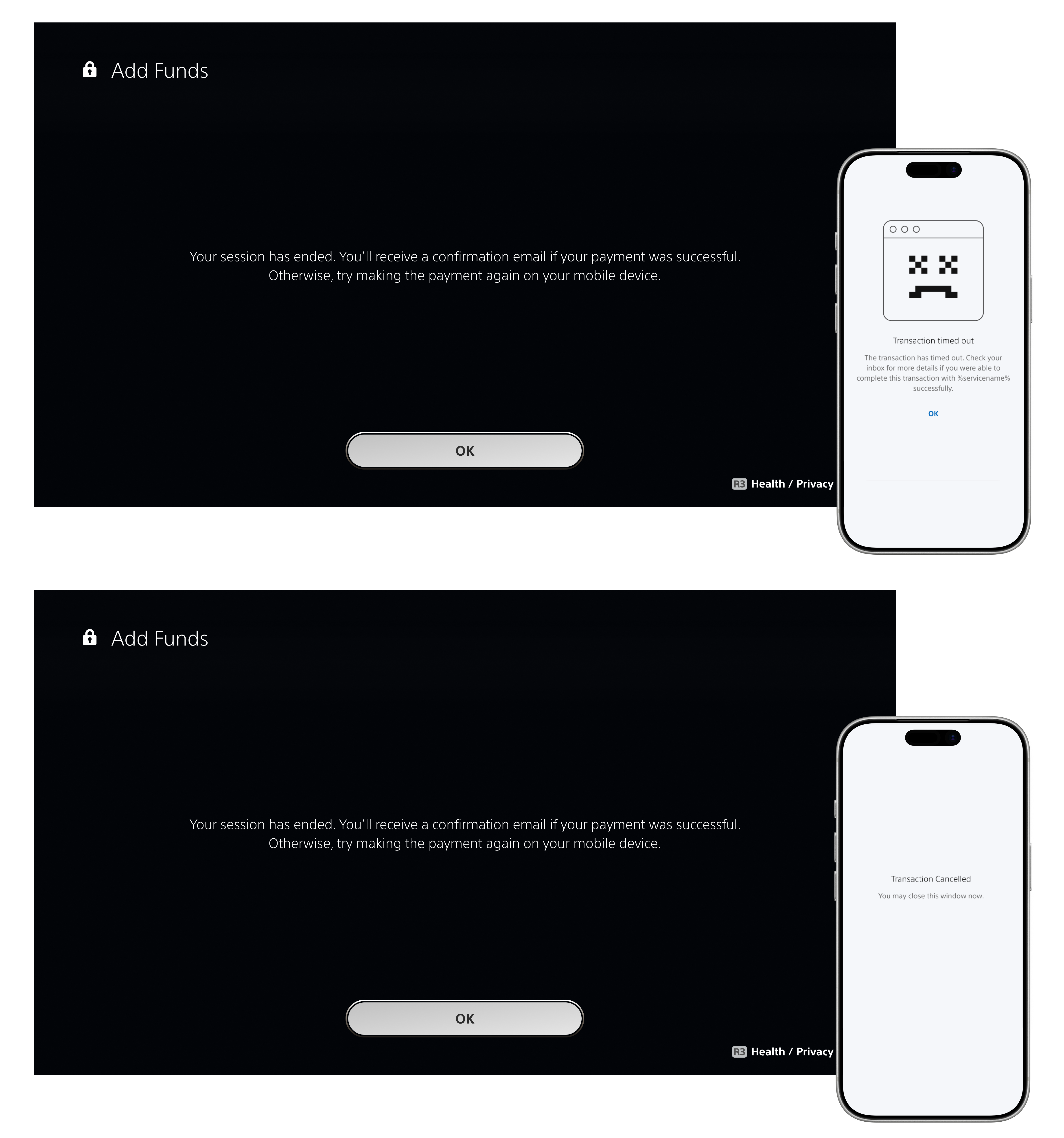 The original generic timeout screen on PS5, paired with the mobile provider showing either a timed-out or a cancelled transaction